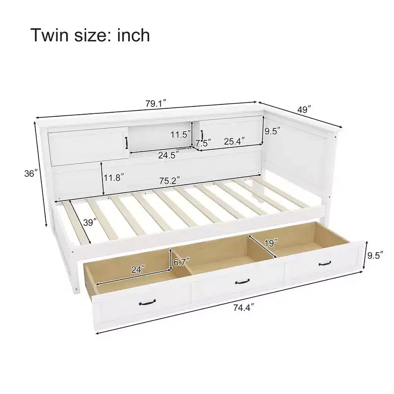 Whisen Twin Size L-Shaped Wooden Bed Frame & Corner Bed Captain Bed with Drawer and and Bookcase