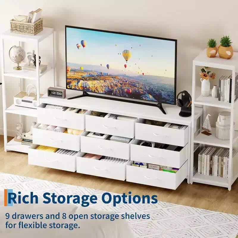 Modern TV Stand Dresser with 9 Fabric Drawers & 2 Industrial Shelves - Large Entertainment Center Console
