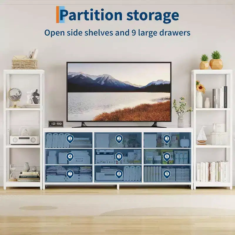 Modern TV Stand Dresser with 9 Fabric Drawers & 2 Industrial Shelves - Large Entertainment Center Console