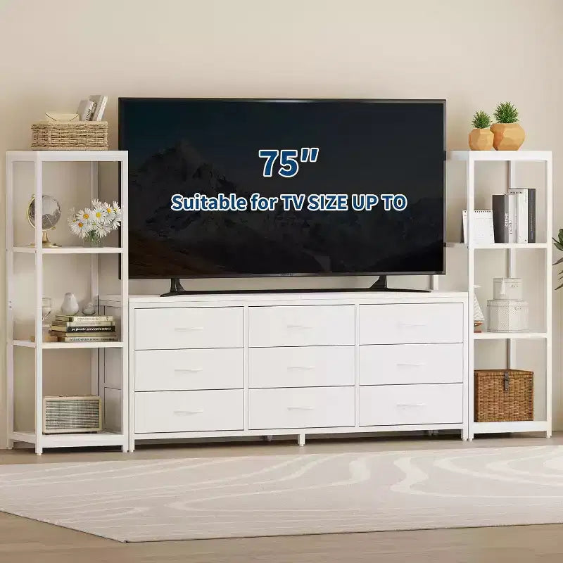 Modern TV Stand Dresser with 9 Fabric Drawers & 2 Industrial Shelves - Large Entertainment Center Console