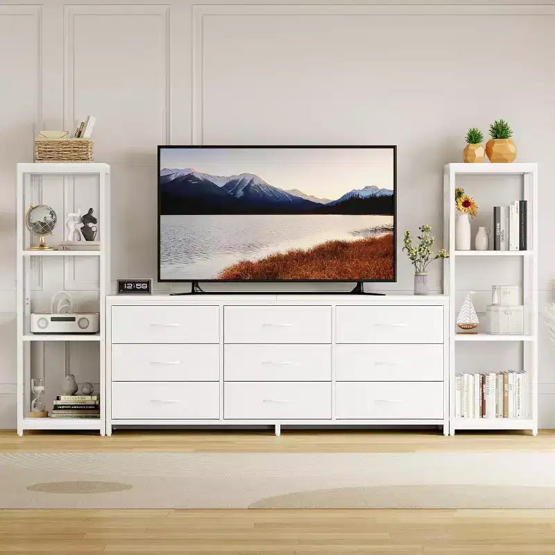 Modern TV Stand Dresser with 9 Fabric Drawers & 2 Industrial Shelves - Large Entertainment Center Console