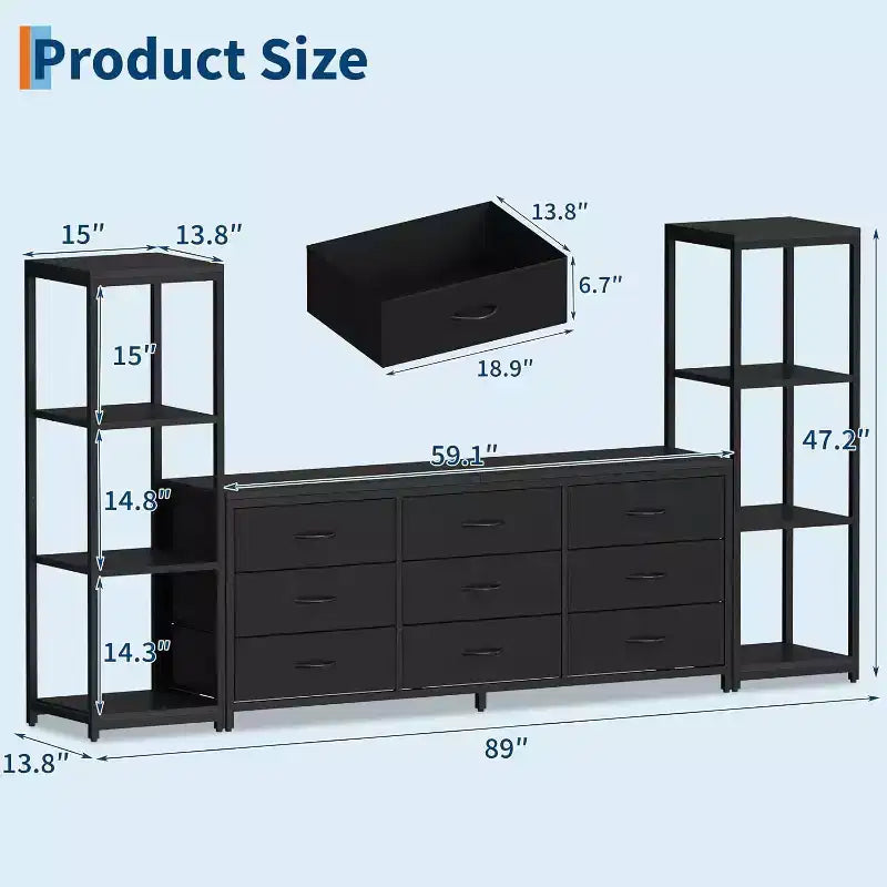 Modern TV Stand Dresser with 9 Fabric Drawers & 2 Industrial Shelves - Large Entertainment Center Console