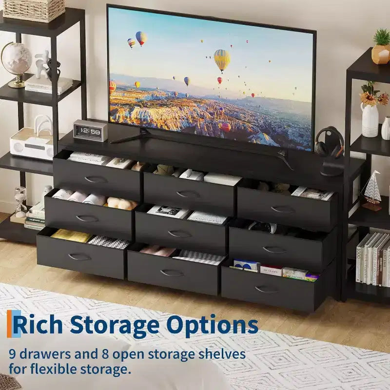 Modern TV Stand Dresser with 9 Fabric Drawers & 2 Industrial Shelves - Large Entertainment Center Console