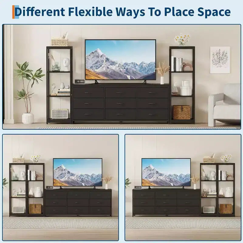 Modern TV Stand Dresser with 9 Fabric Drawers & 2 Industrial Shelves - Large Entertainment Center Console