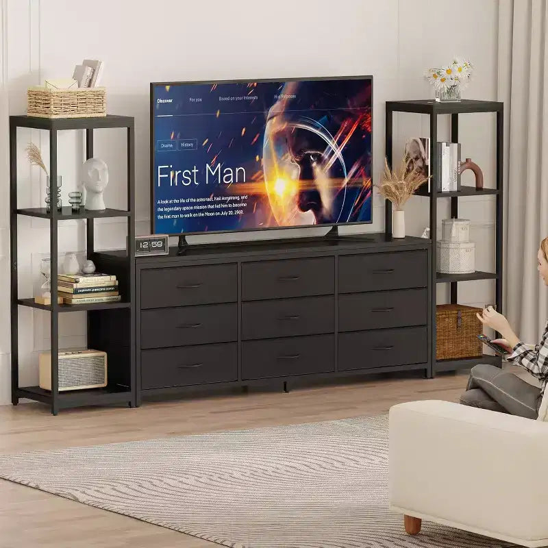 Modern TV Stand Dresser with 9 Fabric Drawers & 2 Industrial Shelves - Large Entertainment Center Console