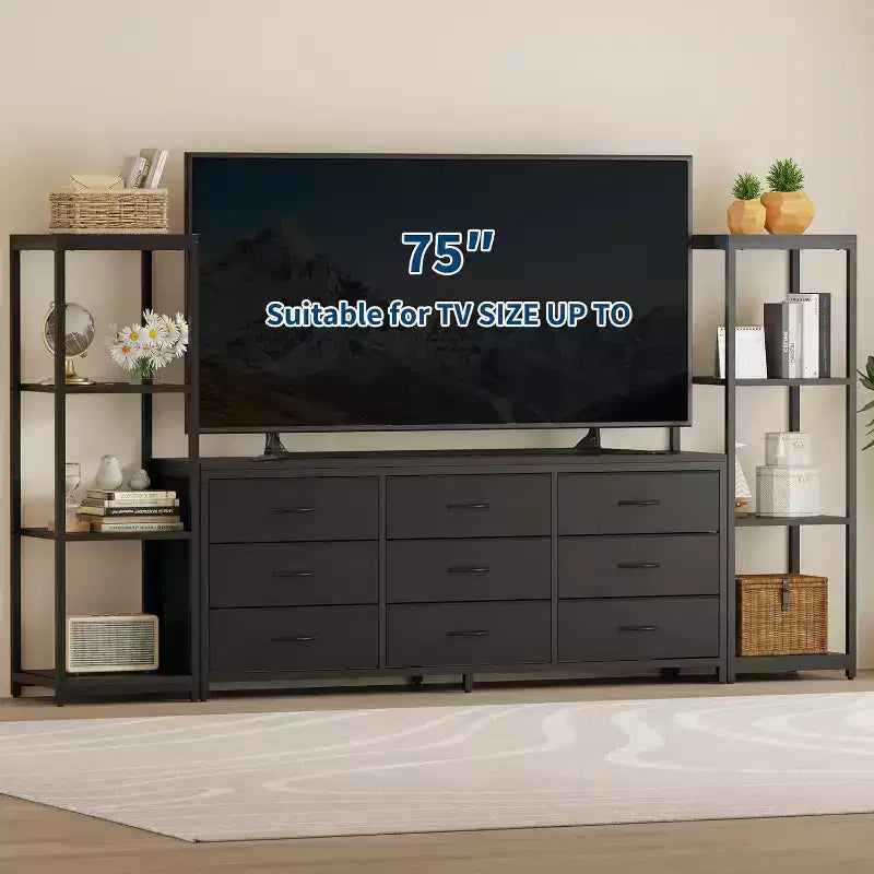 Modern TV Stand Dresser with 9 Fabric Drawers & 2 Industrial Shelves - Large Entertainment Center Console