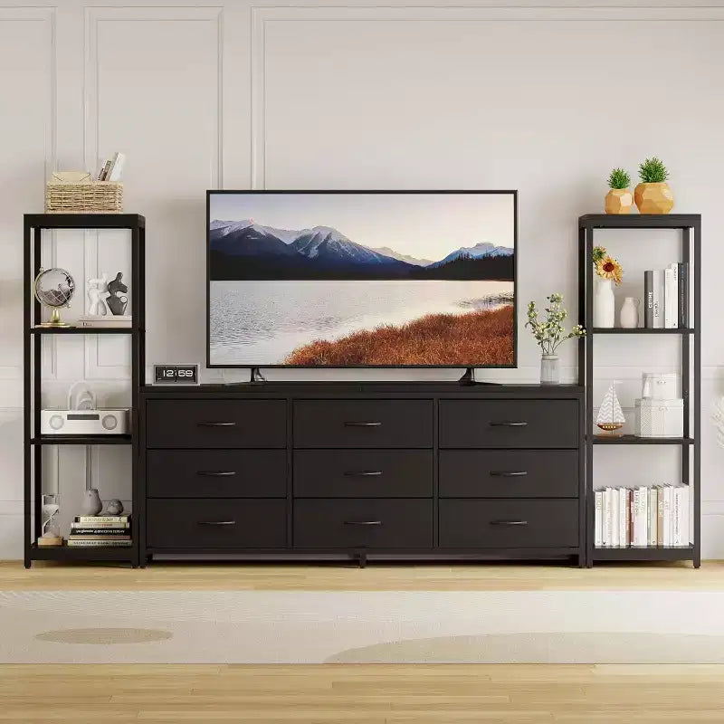 Modern TV Stand Dresser with 9 Fabric Drawers & 2 Industrial Shelves - Large Entertainment Center Console