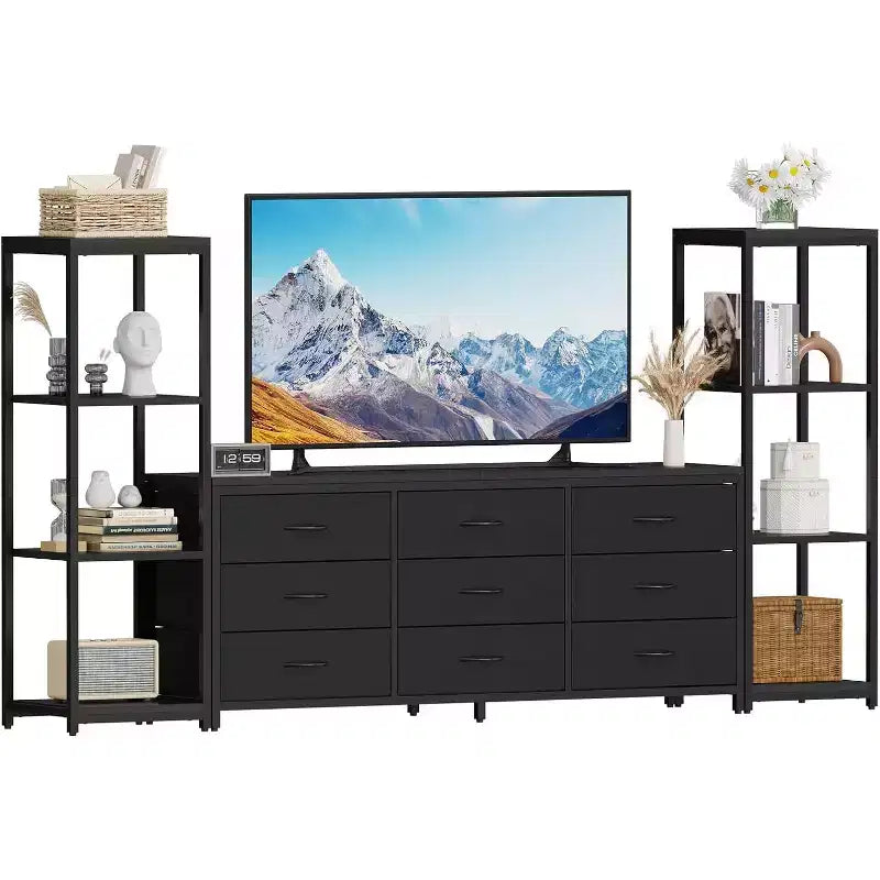 Modern TV Stand Dresser with 9 Fabric Drawers & 2 Industrial Shelves - Large Entertainment Center Console