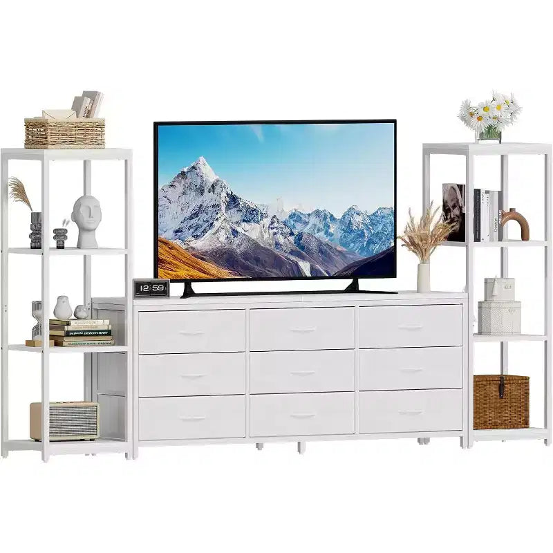 Modern TV Stand Dresser with 9 Fabric Drawers & 2 Industrial Shelves - Large Entertainment Center Console