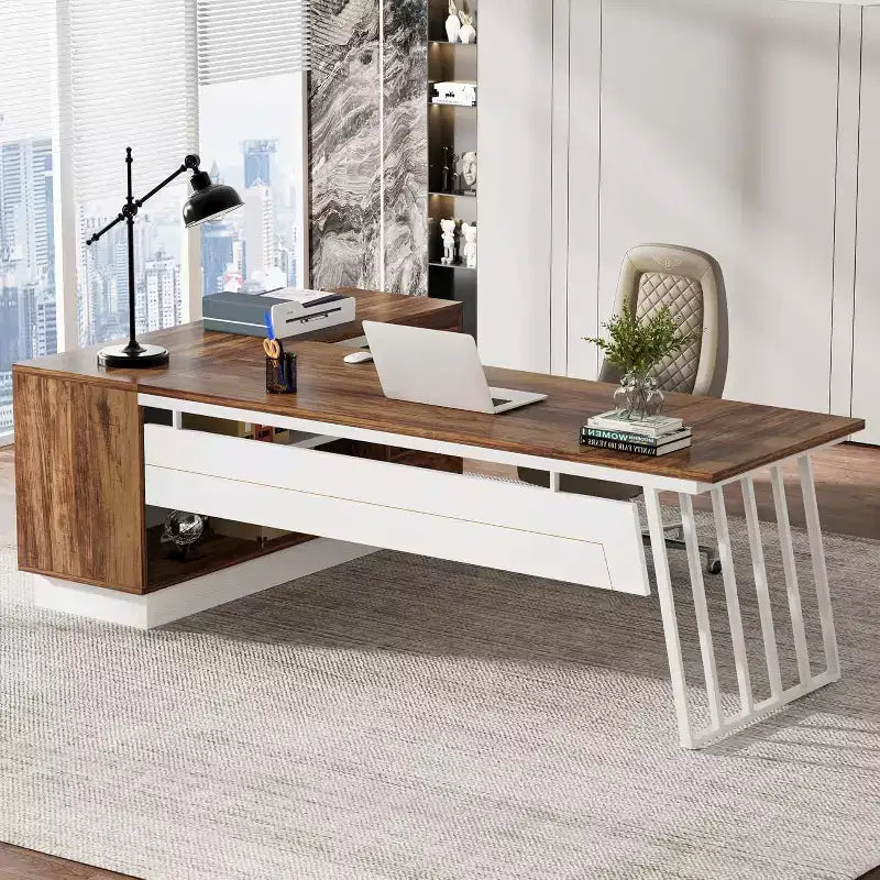 Lantine 71-Inch Executive Desk, L-Shaped Desk with Cabinet, Large Office Desk with Drawers and Storage Shelves for Home Office, Brown and White