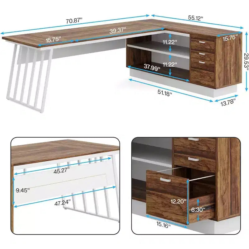 Lantine 71-Inch Executive Desk, L-Shaped Desk with Cabinet, Large Office Desk with Drawers and Storage Shelves for Home Office, Brown and White