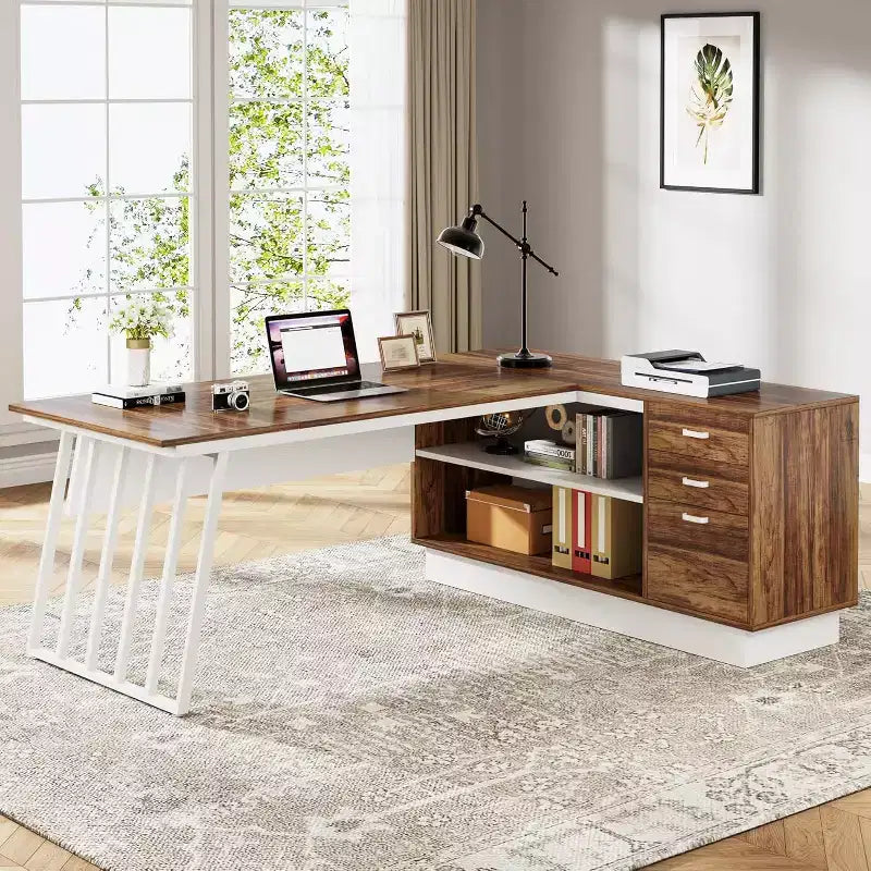 Lantine 71-Inch Executive Desk, L-Shaped Desk with Cabinet, Large Office Desk with Drawers and Storage Shelves for Home Office, Brown and White