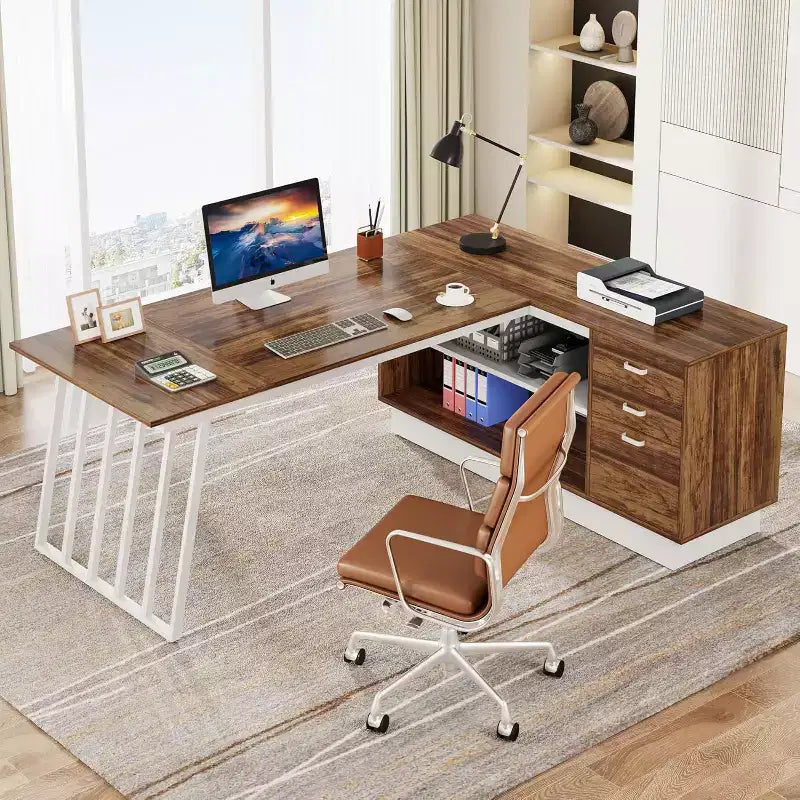 Lantine 71-Inch Executive Desk, L-Shaped Desk with Cabinet, Large Office Desk with Drawers and Storage Shelves for Home Office, Brown and White