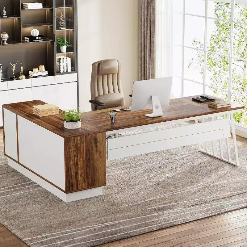 Lantine 71-Inch Executive Desk, L-Shaped Desk with Cabinet, Large Office Desk with Drawers and Storage Shelves for Home Office, Brown and White