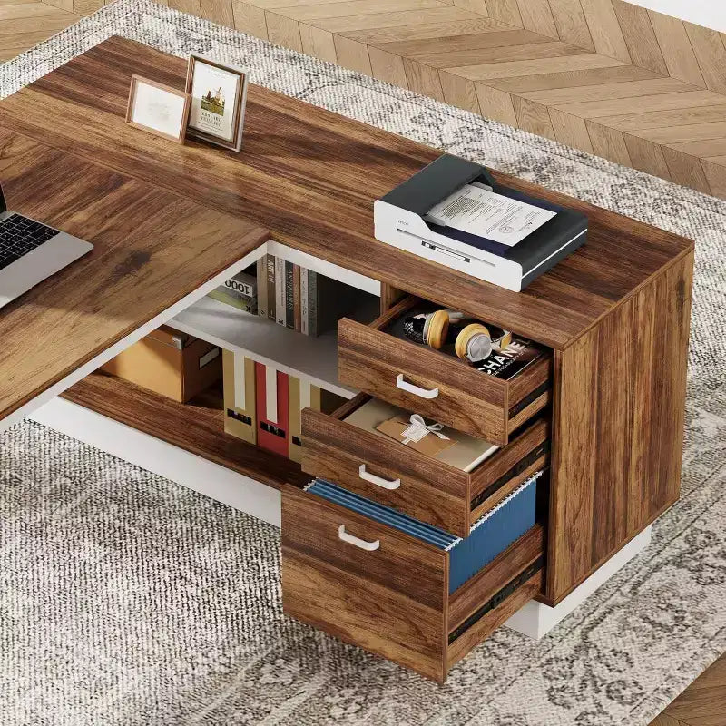 Lantine 71-Inch Executive Desk, L-Shaped Desk with Cabinet, Large Office Desk with Drawers and Storage Shelves for Home Office, Brown and White