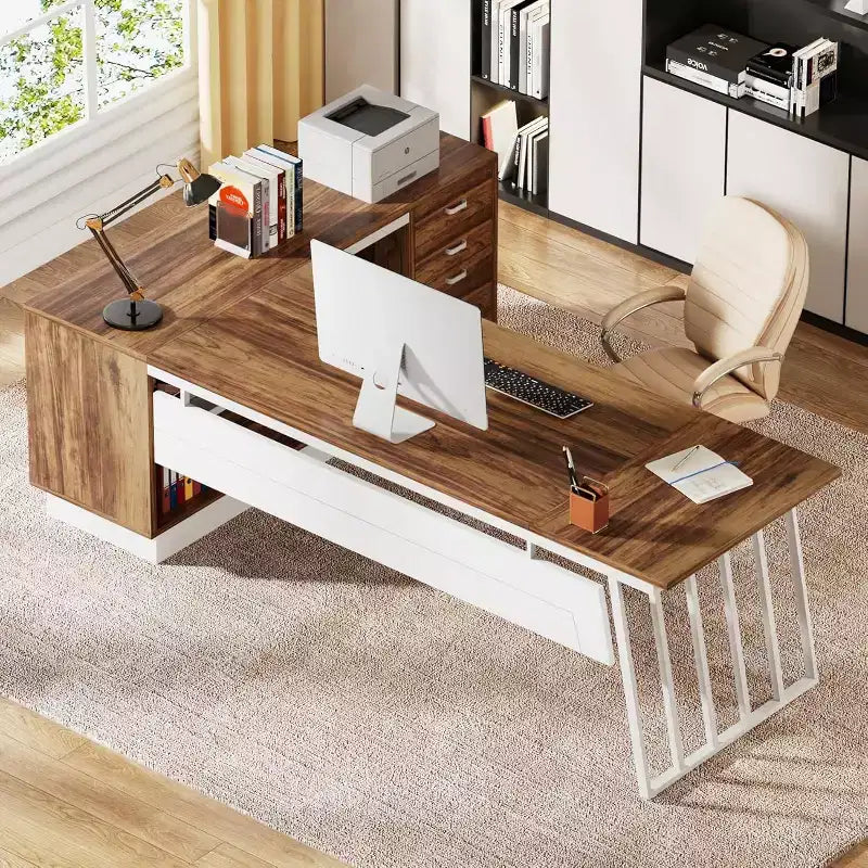 Lantine 71-Inch Executive Desk, L-Shaped Desk with Cabinet, Large Office Desk with Drawers and Storage Shelves for Home Office, Brown and White