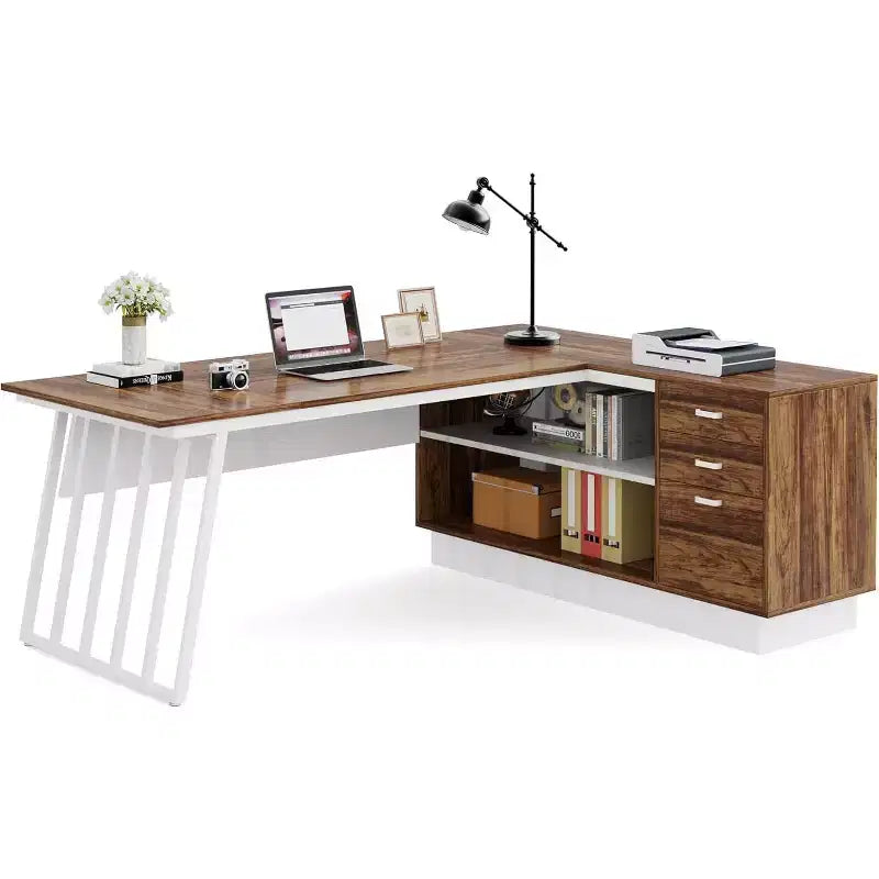 Lantine 71-Inch Executive Desk, L-Shaped Desk with Cabinet, Large Office Desk with Drawers and Storage Shelves for Home Office, Brown and White