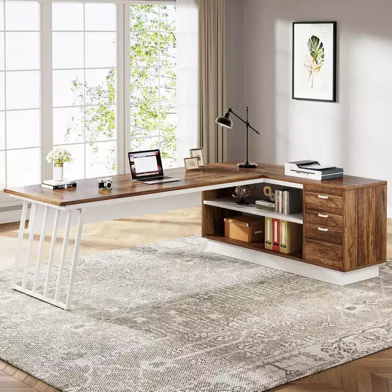 Lantine 71-Inch Executive Desk, L-Shaped Desk with Cabinet, Large Office Desk with Drawers and Storage Shelves for Home Office, Brown and White