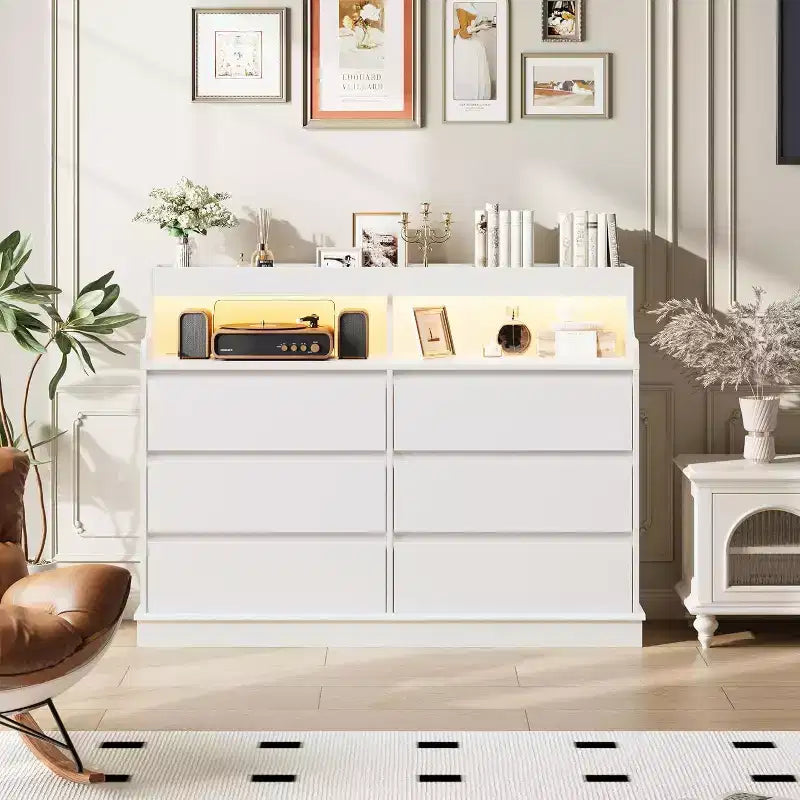 Acekool 6 Drawer Dresser with Storage Shelf, Modern Wide Chest Organizer for Bedroom, Living Room, Hallway