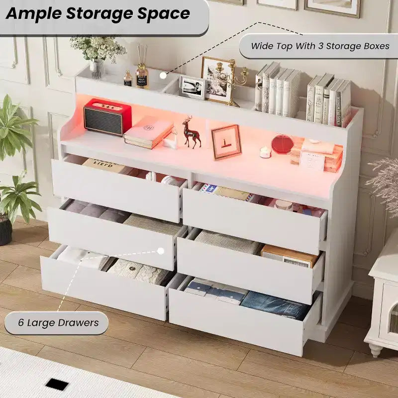 Acekool 6 Drawer Dresser with Storage Shelf, Modern Wide Chest Organizer for Bedroom, Living Room, Hallway
