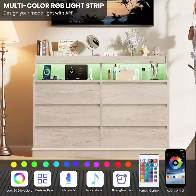 Acekool 6 Drawer Dresser with Storage Shelf, Modern Wide Chest Organizer for Bedroom, Living Room, Hallway