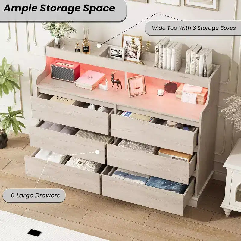 Acekool 6 Drawer Dresser with Storage Shelf, Modern Wide Chest Organizer for Bedroom, Living Room, Hallway