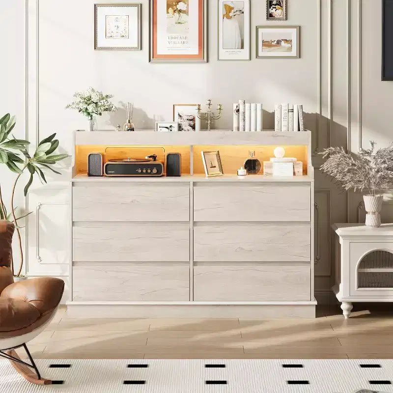 Acekool 6 Drawer Dresser with Storage Shelf, Modern Wide Chest Organizer for Bedroom, Living Room, Hallway