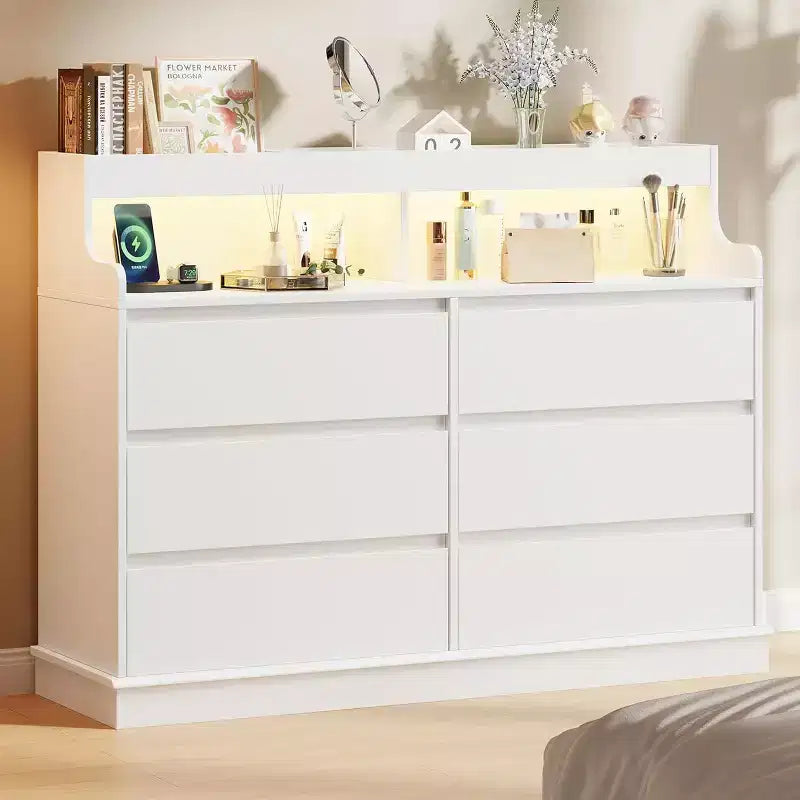 Acekool 6 Drawer Dresser with Storage Shelf, Modern Wide Chest Organizer for Bedroom, Living Room, Hallway