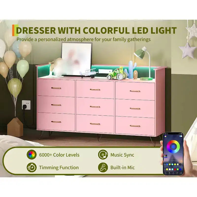 9 Drawer Dresser for Bedroom, 62 Wide Chest of Drawers with Gold Handles & Charging Station, Clothing Storage Organizer for Hallway Bedroom