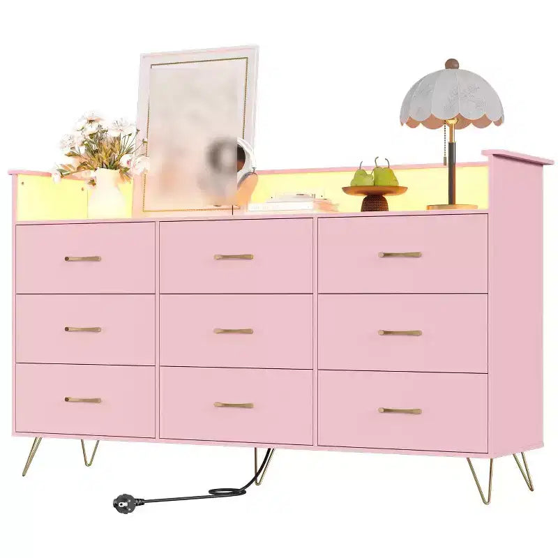 9 Drawer Dresser for Bedroom, 62 Wide Chest of Drawers with Gold Handles & Charging Station, Clothing Storage Organizer for Hallway Bedroom