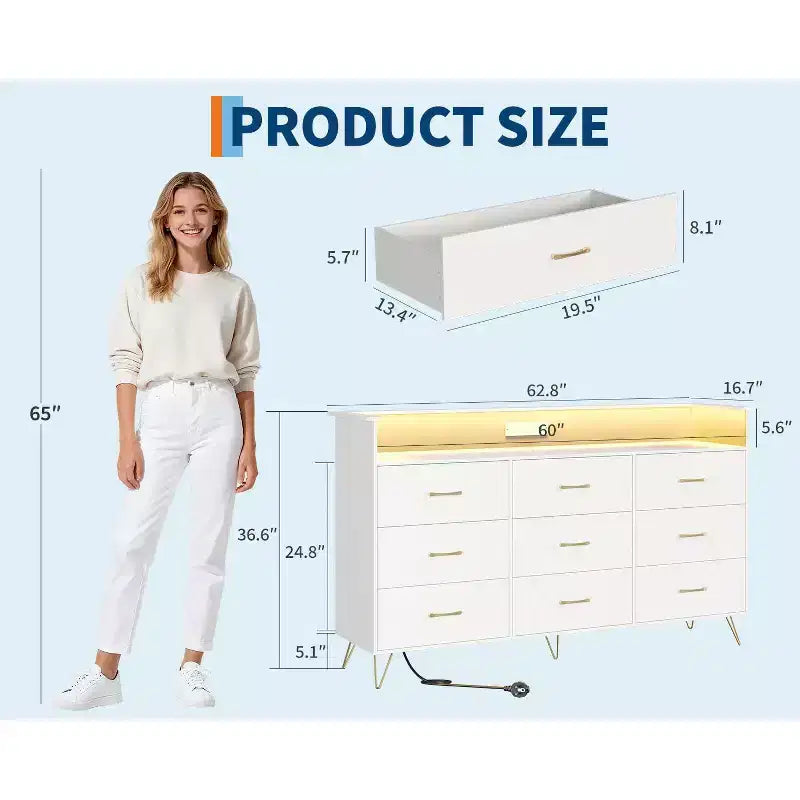 9 Drawer Dresser for Bedroom, 62 Wide Chest of Drawers with Gold Handles & Charging Station, Clothing Storage Organizer for Hallway Bedroom