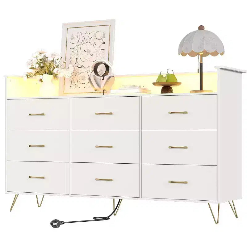 9 Drawer Dresser for Bedroom, 62 Wide Chest of Drawers with Gold Handles & Charging Station, Clothing Storage Organizer for Hallway Bedroom