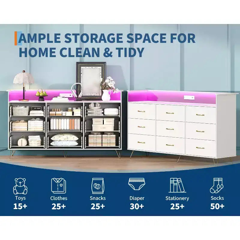 9 Drawer Dresser for Bedroom, 62 Wide Chest of Drawers with Gold Handles & Charging Station, Clothing Storage Organizer for Hallway Bedroom