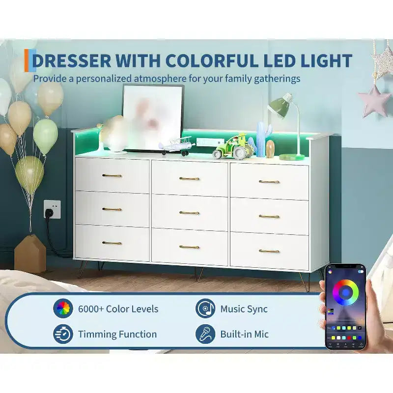 9 Drawer Dresser for Bedroom, 62 Wide Chest of Drawers with Gold Handles & Charging Station, Clothing Storage Organizer for Hallway Bedroom