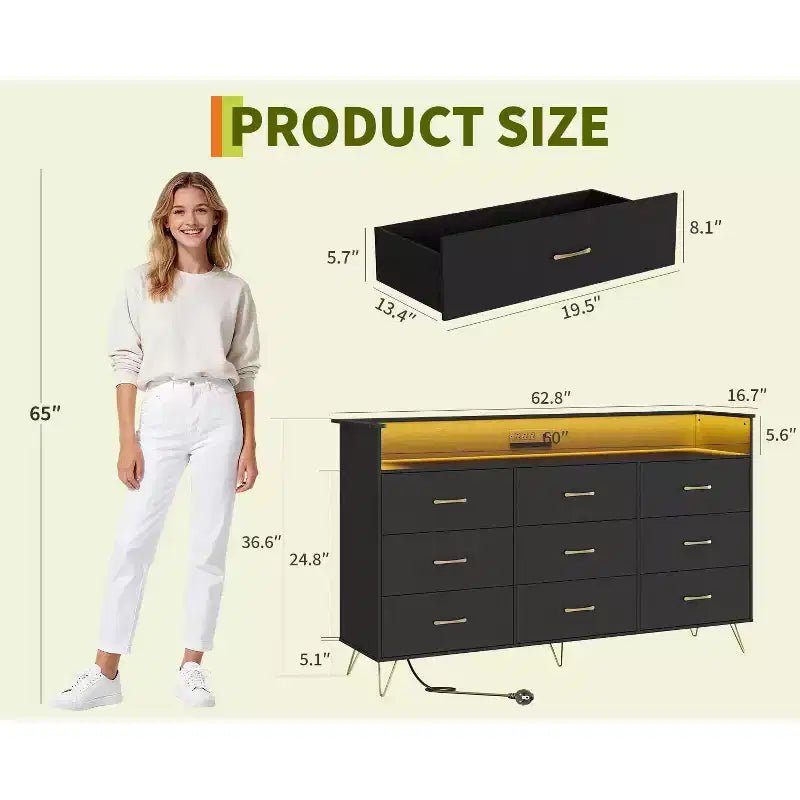 9 Drawer Dresser for Bedroom, 62 Wide Chest of Drawers with Gold Handles & Charging Station, Clothing Storage Organizer for Hallway Bedroom