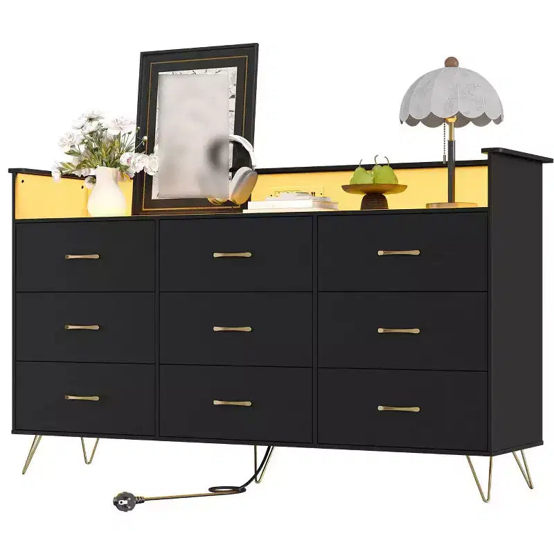9 Drawer Dresser for Bedroom, 62 Wide Chest of Drawers with Gold Handles & Charging Station, Clothing Storage Organizer for Hallway Bedroom