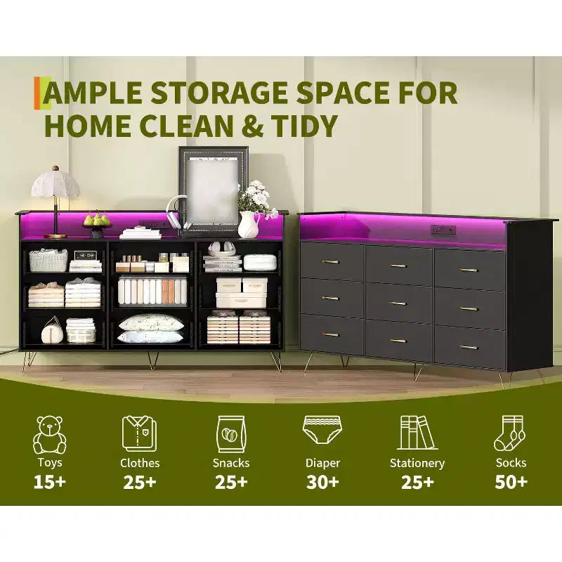 9 Drawer Dresser for Bedroom, 62 Wide Chest of Drawers with Gold Handles & Charging Station, Clothing Storage Organizer for Hallway Bedroom