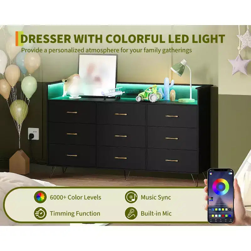 9 Drawer Dresser for Bedroom, 62 Wide Chest of Drawers with Gold Handles & Charging Station, Clothing Storage Organizer for Hallway Bedroom
