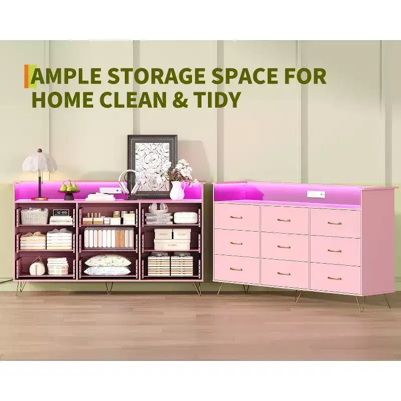 9 Drawer Dresser for Bedroom, 62 Wide Chest of Drawers with Gold Handles & Charging Station, Clothing Storage Organizer for Hallway Bedroom