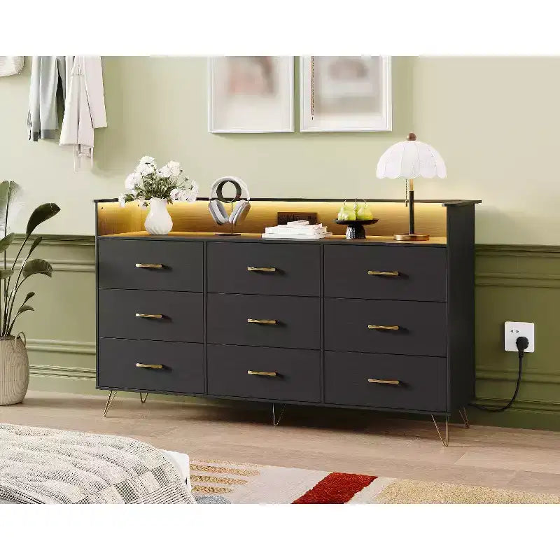 9 Drawer Dresser for Bedroom, 62 Wide Chest of Drawers with Gold Handles & Charging Station, Clothing Storage Organizer for Hallway Bedroom
