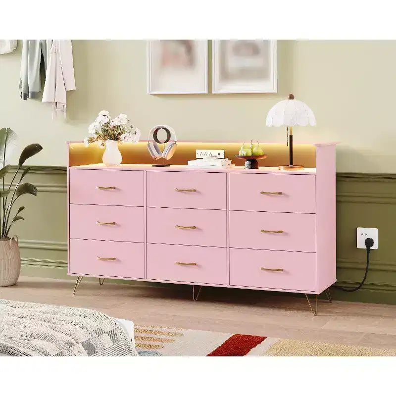 9 Drawer Dresser for Bedroom, 62 Wide Chest of Drawers with Gold Handles & Charging Station, Clothing Storage Organizer for Hallway Bedroom