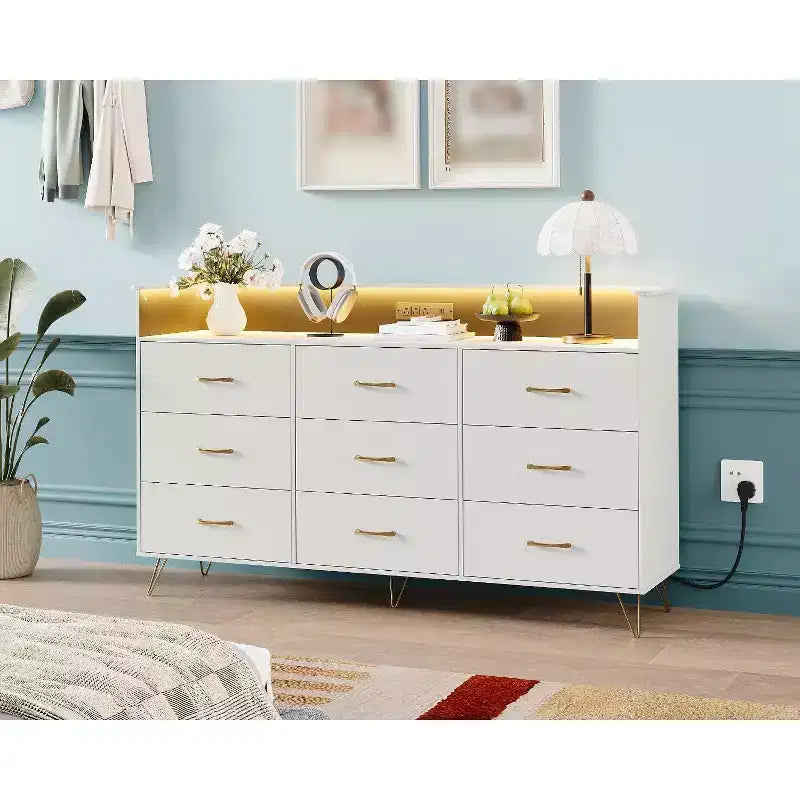 9 Drawer Dresser for Bedroom, 62 Wide Chest of Drawers with Gold Handles & Charging Station, Clothing Storage Organizer for Hallway Bedroom