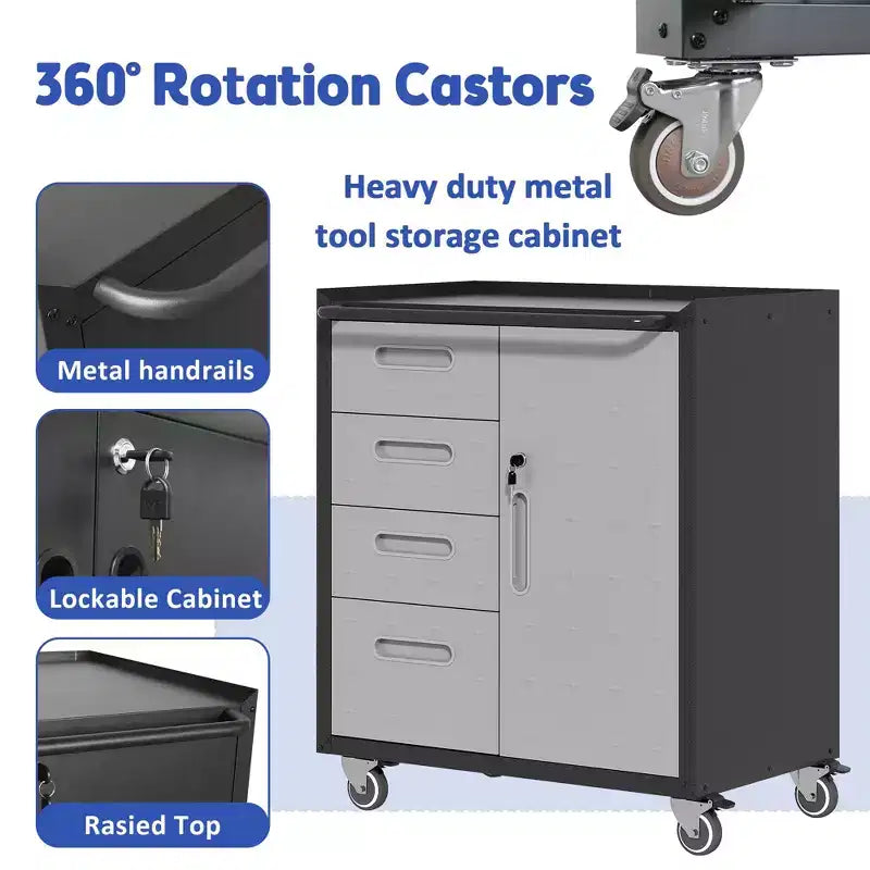 VIYET 35H Heavy-Duty Steel Tool Cabinet with Wheels - Drawers + Lockable Compartment, Mobile Organizer for Garage/Home/Office/Warehouse