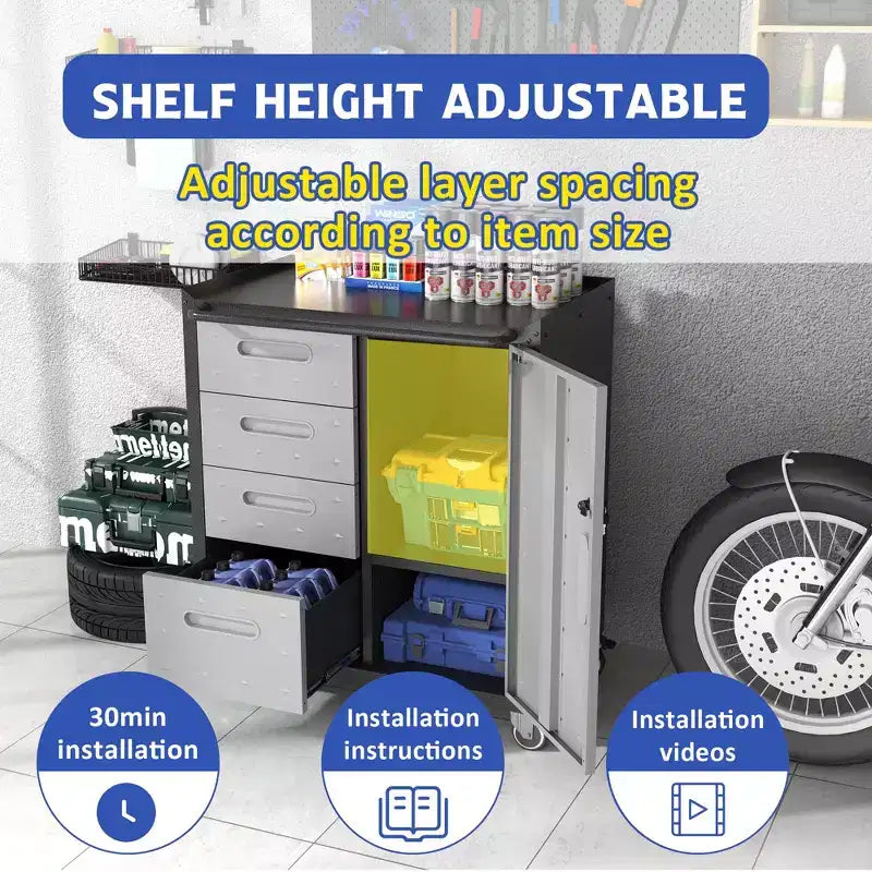 VIYET 35H Heavy-Duty Steel Tool Cabinet with Wheels - Drawers + Lockable Compartment, Mobile Organizer for Garage/Home/Office/Warehouse