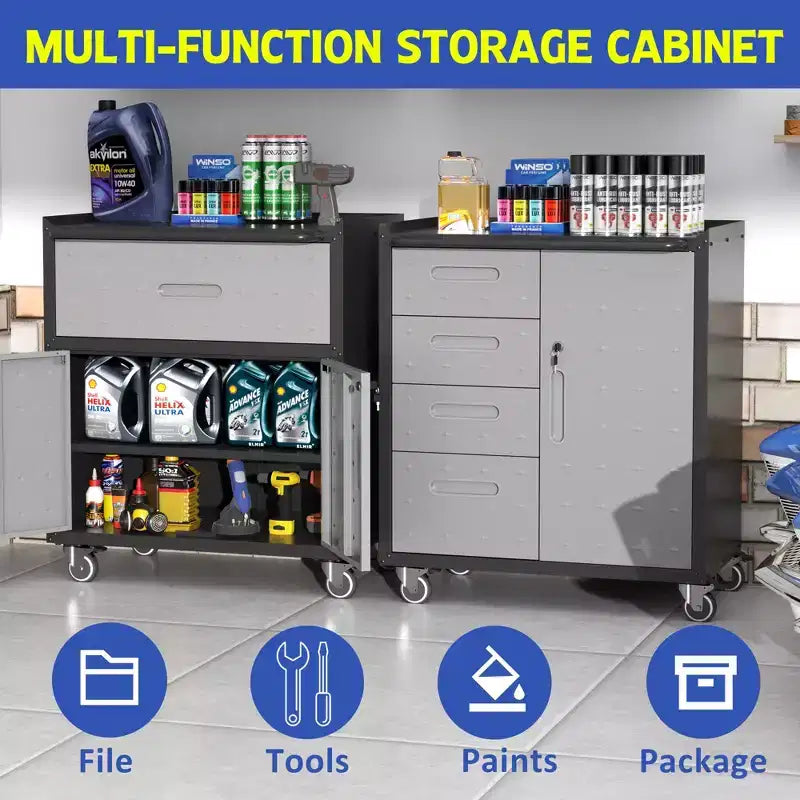VIYET 35H Heavy-Duty Steel Tool Cabinet with Wheels - Drawers + Lockable Compartment, Mobile Organizer for Garage/Home/Office/Warehouse
