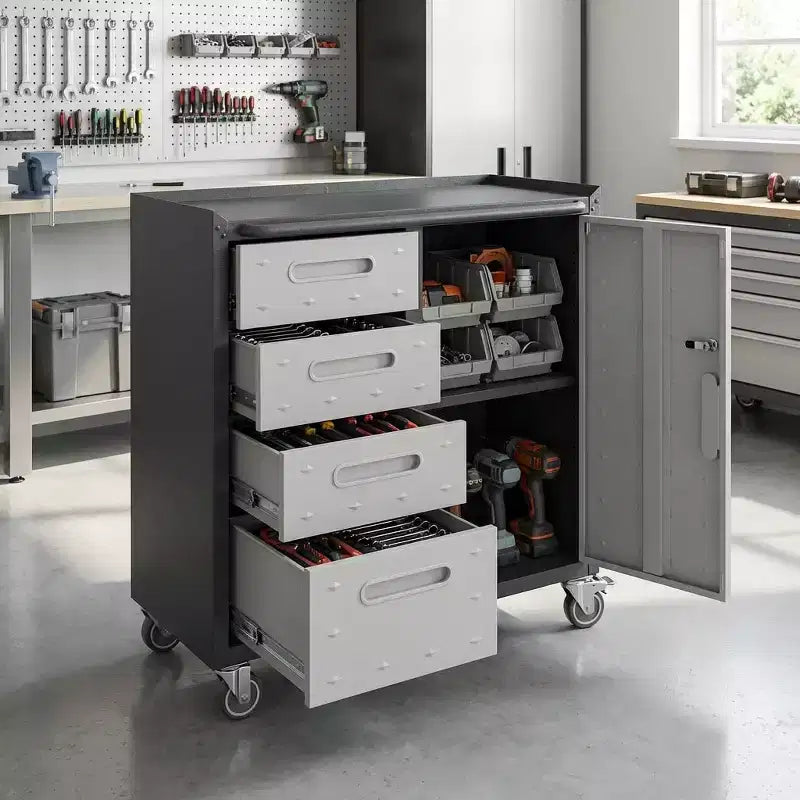 VIYET 35H Heavy-Duty Steel Tool Cabinet with Wheels - Drawers + Lockable Compartment, Mobile Organizer for Garage/Home/Office/Warehouse