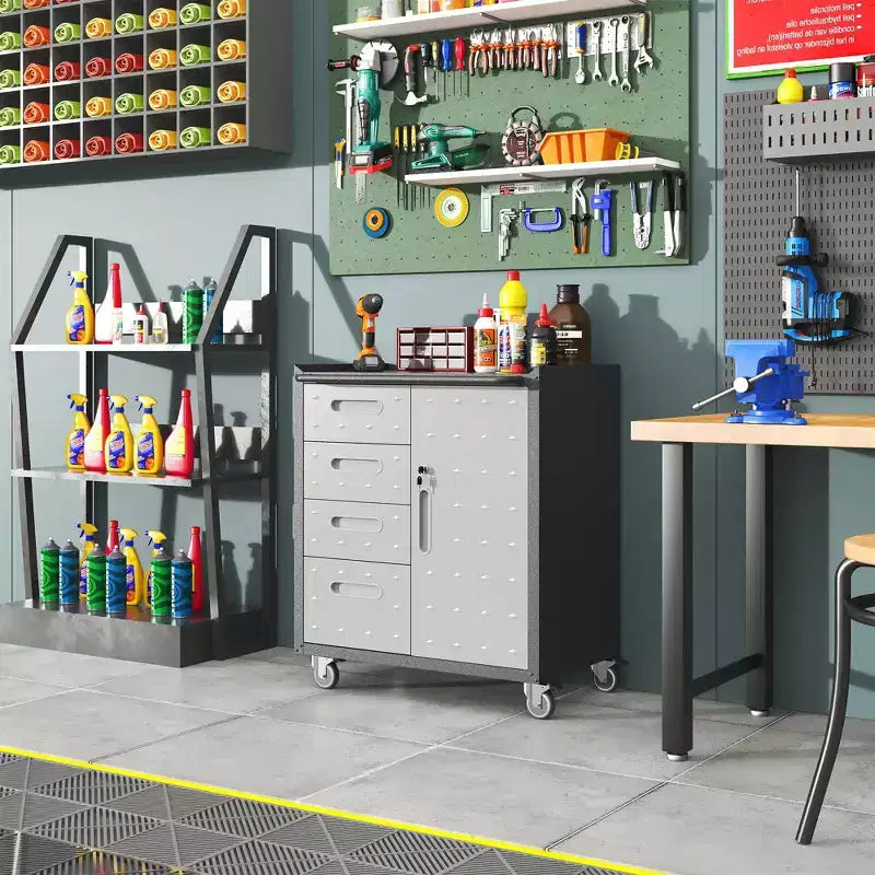 VIYET 35H Heavy-Duty Steel Tool Cabinet with Wheels - Drawers + Lockable Compartment, Mobile Organizer for Garage/Home/Office/Warehouse