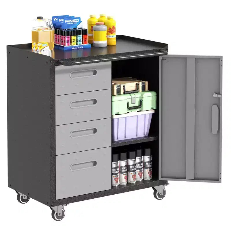 VIYET 35H Heavy-Duty Steel Tool Cabinet with Wheels - Drawers + Lockable Compartment, Mobile Organizer for Garage/Home/Office/Warehouse
