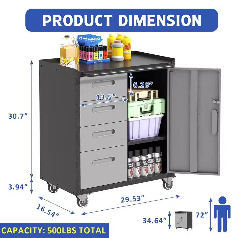 VIYET 35H Heavy-Duty Steel Tool Cabinet with Wheels - Drawers + Lockable Compartment, Mobile Organizer for Garage/Home/Office/Warehouse