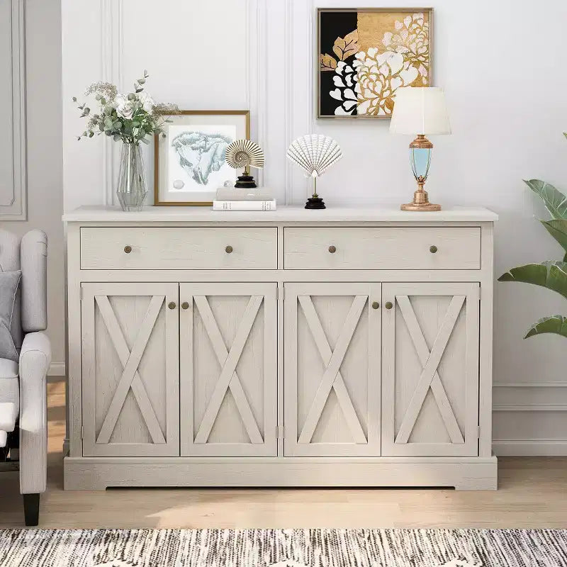 Sideboard Buffet Cabinet, Mid-Century Modern Buffet Cabinet With 2 Storage Drawers And 4 X-Shaped Pattern Doors White